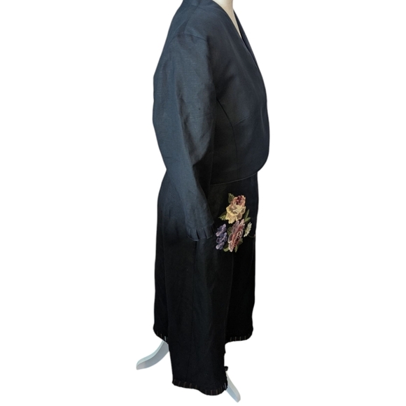 Vtg Plaza South Designer Black Linen Dress with Floral Embroidery & Jacket Sz 10 - Picture 4 of 9